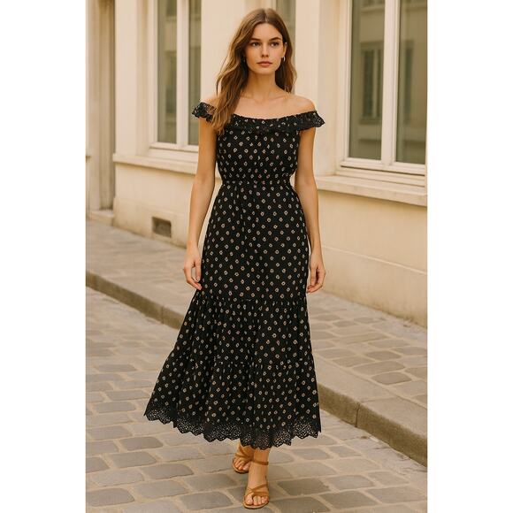 Ulla Johnson 2 Off Shoulder Rose $595 Maxi Dress 100% Cotton Eyelet Black Pink - Picture 1 of 12